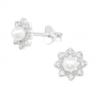 Flower - 925 Sterling Silver Stud Earrings with CZ SD40082