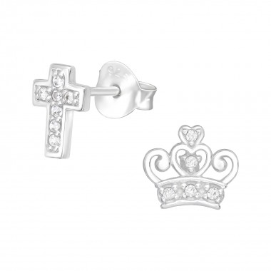 Cross & Crown - 925 Sterling Silver Stud Earrings with CZ SD40089