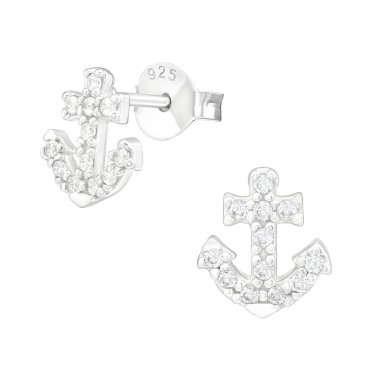 Anchor - 925 Sterling Silver Stud Earrings with CZ SD40126