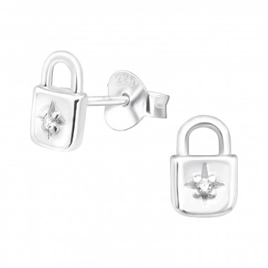 Padlock - 925 Sterling Silver Stud Earrings with CZ SD40477