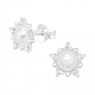 Flower - 925 Sterling Silver Stud Earrings with CZ SD40488