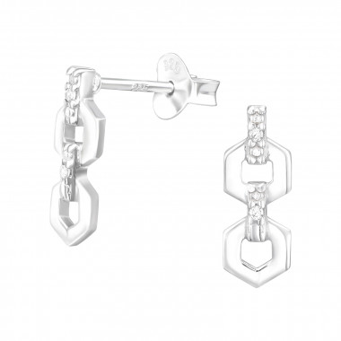 Chain Links - 925 Sterling Silver Stud Earrings with CZ SD40491