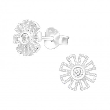 Flower - 925 Sterling Silver Stud Earrings with CZ SD40492