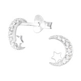 Moon And Star - 925 Sterling Silver Stud Earrings with CZ SD40551