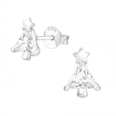 Christmas Tree - 925 Sterling Silver Stud Earrings with CZ SD40554