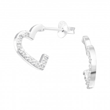 Heart Half Hoop - 925 Sterling Silver Stud Earrings with CZ SD40591