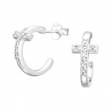 Cross Half Hoop - 925 Sterling Silver Stud Earrings with CZ SD41296