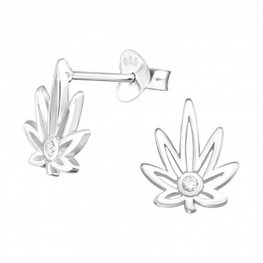 Cannabis Leaf - 925 Sterling Silver Stud Earrings with CZ SD41335