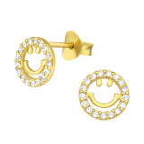 Smiley - 925 Sterling Silver Stud Earrings with CZ SD43015