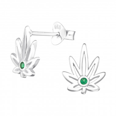 Cannabis Leaf - 925 Sterling Silver Stud Earrings with CZ SD43311