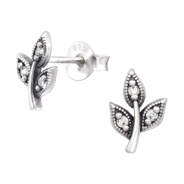 Leaves - 925 Sterling Silver Stud Earrings with CZ SD43549