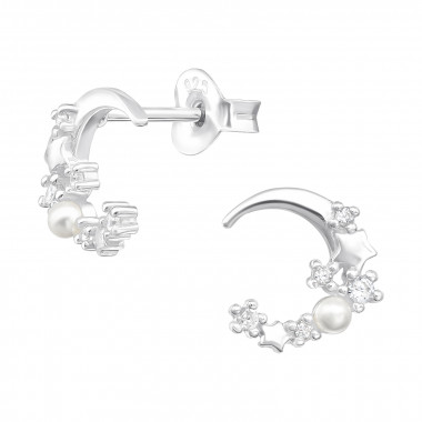 Moon And Star - 925 Sterling Silver Stud Earrings with CZ SD43734