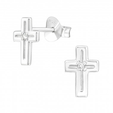 Cross - 925 Sterling Silver Stud Earrings with CZ SD44013