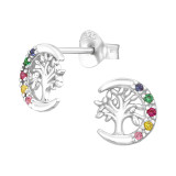 Tree Of Life And Crescent Moon - 925 Sterling Silver Stud Earrings with CZ SD44975