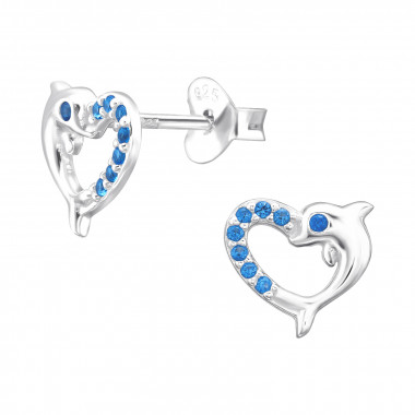 Dolphin And Heart - 925 Sterling Silver Stud Earrings with CZ SD45828
