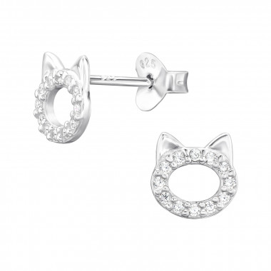 Cat - 925 Sterling Silver Stud Earrings with CZ SD45884