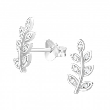 Leaf - 925 Sterling Silver Stud Earrings with CZ SD46270