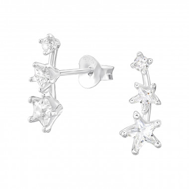 Triple Star - 925 Sterling Silver Stud Earrings with CZ SD46915