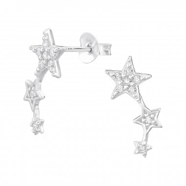 Triple Star - 925 Sterling Silver Stud Earrings with CZ SD46925