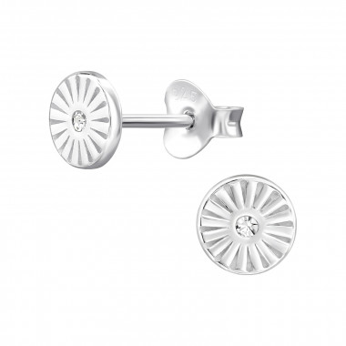 Patterned Disc - 925 Sterling Silver Stud Earrings with CZ SD49287