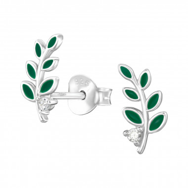 Leaf - 925 Sterling Silver Stud Earrings with CZ SD49498