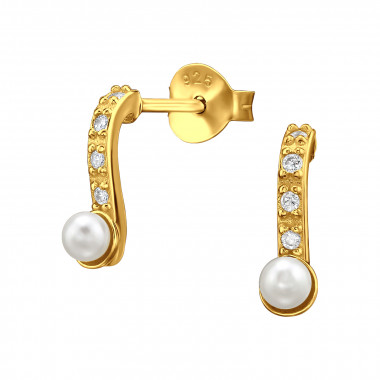 Curved - 925 Sterling Silver Stud Earrings with CZ SD49502
