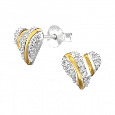 2 Tone Heart - 925 Sterling Silver Stud Earrings with CZ SD49507
