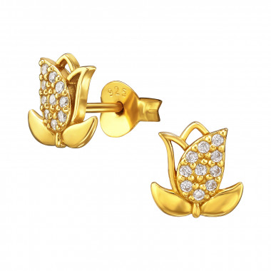 Tulip Flower - 925 Sterling Silver Stud Earrings with CZ SD49508