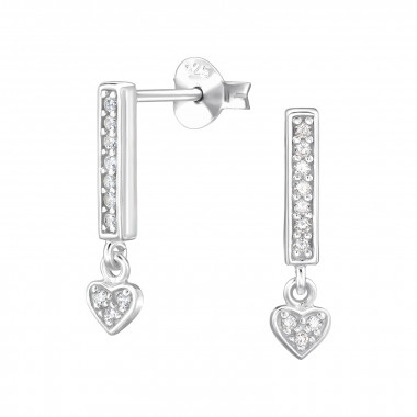 Bar With Dangling Heart - 925 Sterling Silver Stud Earrings with CZ SD49524