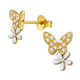 Butterfly And Flower - 925 Sterling Silver Stud Earrings with CZ SD49684