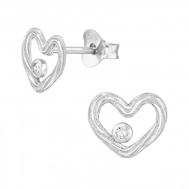 Curved Open Heart - 925 Sterling Silver Stud Earrings with CZ SD49690