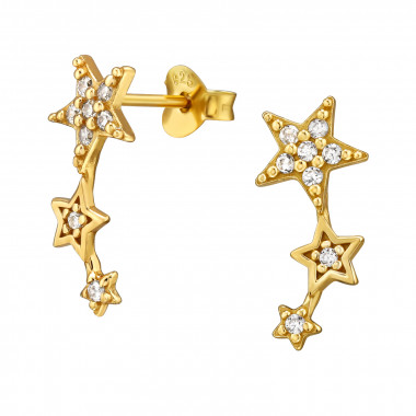Triple Star - 925 Sterling Silver Stud Earrings with CZ SD49729