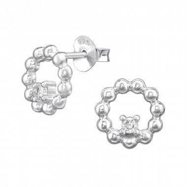 9mm Dotted Circle - 925 Sterling Silver Stud Earrings with CZ SD49907
