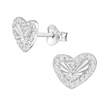 Irregular Shaped Heart - 925 Sterling Silver Stud Earrings with CZ SD49995