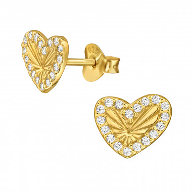 Irregular Shaped Heart - 925 Sterling Silver Stud Earrings with CZ SD49996
