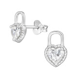 Padlock Heart - 925 Sterling Silver Stud Earrings with CZ SD50060