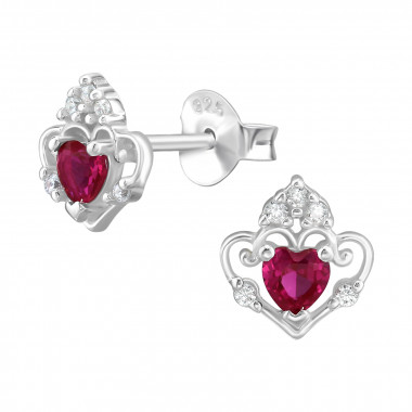 7mm Crowned Heart - 925 Sterling Silver Stud Earrings with CZ SD50096