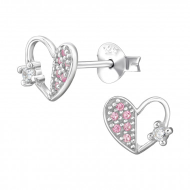 8mm Half Dotted Half Open Heart - 925 Sterling Silver Stud Earrings with CZ SD50187