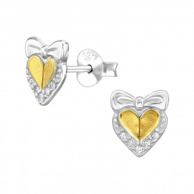 Heart With Bow - 925 Sterling Silver Stud Earrings with CZ SD50263