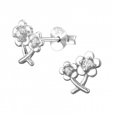 Five-Petal Flowers - 925 Sterling Silver Stud Earrings with CZ SD50269