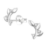 Leaf With Vine Motif - 925 Sterling Silver Stud Earrings with CZ SD50272