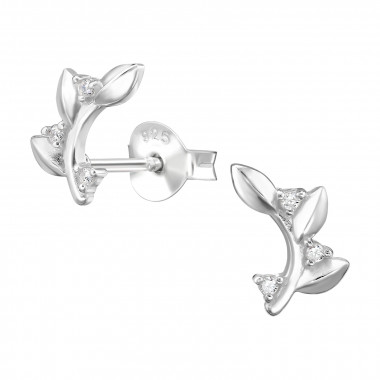 Leaf With Vine Motif - 925 Sterling Silver Stud Earrings with CZ SD50272