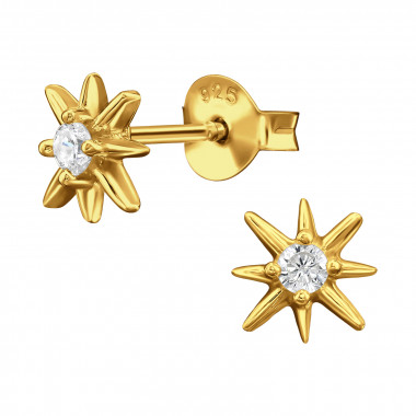 7mm Eight-Pointed Star Gold Plated - 925 Sterling Silver Stud Earrings with CZ SD50274