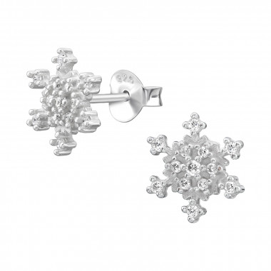 9mm Snowflake - 925 Sterling Silver Stud Earrings with CZ SD50276