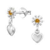 Flower With Dangling Heart - 925 Sterling Silver Stud Earrings with CZ SD50652