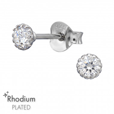 3.5Mm Round Rhodium Plated - 925 Sterling Silver Stud Earrings with CZ SD50700
