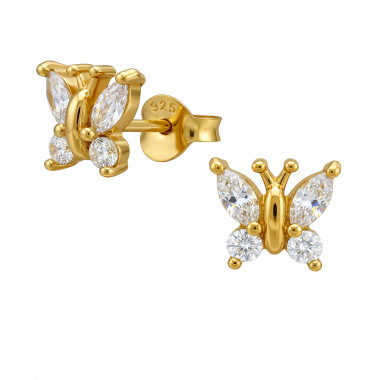 8mm Butterfly Gold Plated - 925 Sterling Silver Stud Earrings with CZ SD50972