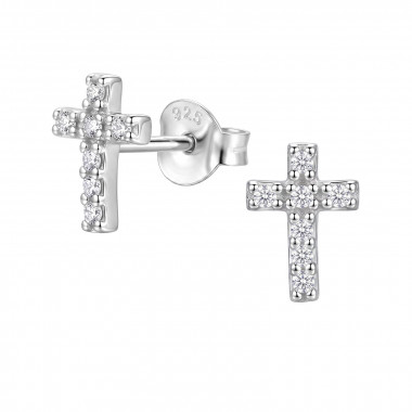 8mm Cross - 925 Sterling Silver Stud Earrings with CZ SD50977