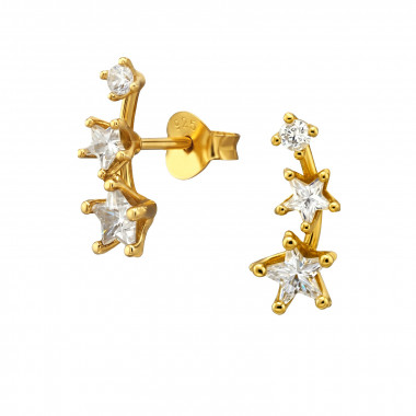 Double Star Gold Plated - 925 Sterling Silver Stud Earrings with CZ SD50987