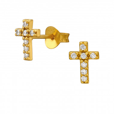 8.5Mm Cross Gold Plated - 925 Sterling Silver Stud Earrings with CZ SD51231